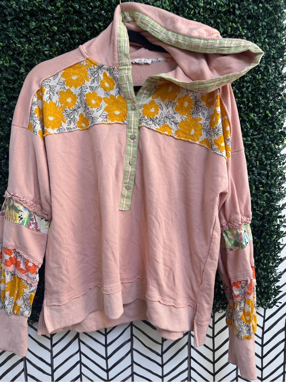 easel Pink Hoodie with Yellow Floral Patchwork